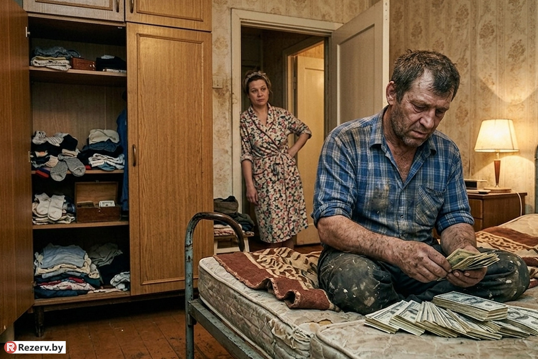 рабочий считает деньги в долларах, а за ним стоит его жена