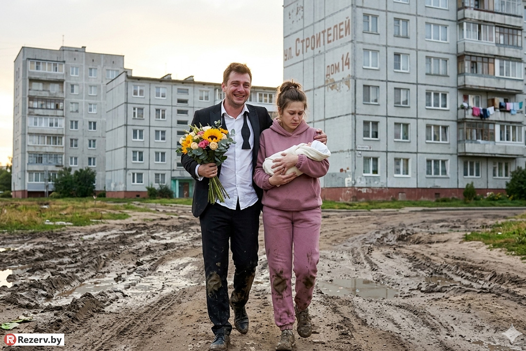 счастливая молодая пара которая идет домой после роддома с новорожденным