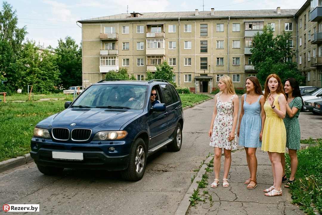 мужчина на BMW X5 едет по двору мимо девушек