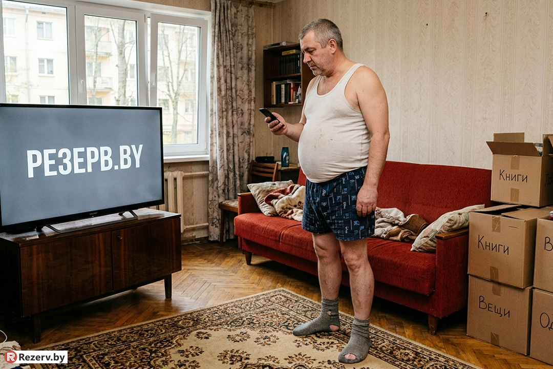 мужчина в алкоголичке с пультом от телевизора в квартире