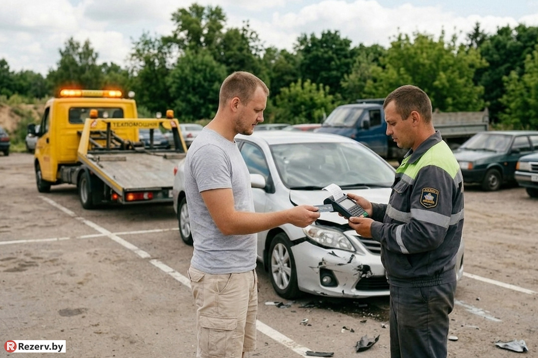 разбитый автомобиль выгружает эвакуатор на автомобильной парковке