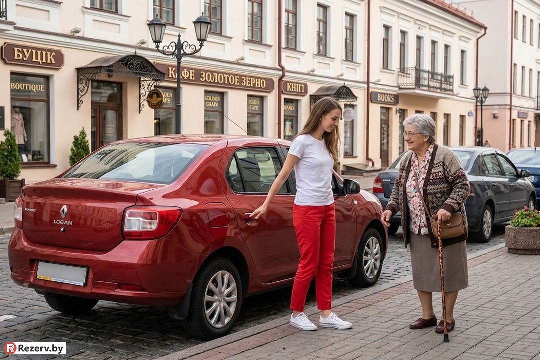 девушка открывает дверь автомобиля пожилой женщине