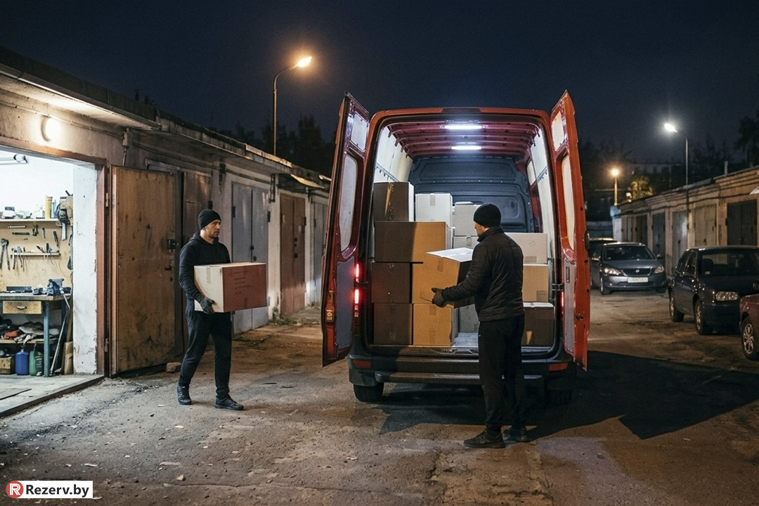 грузчики разгружают микроавтобус в гараже