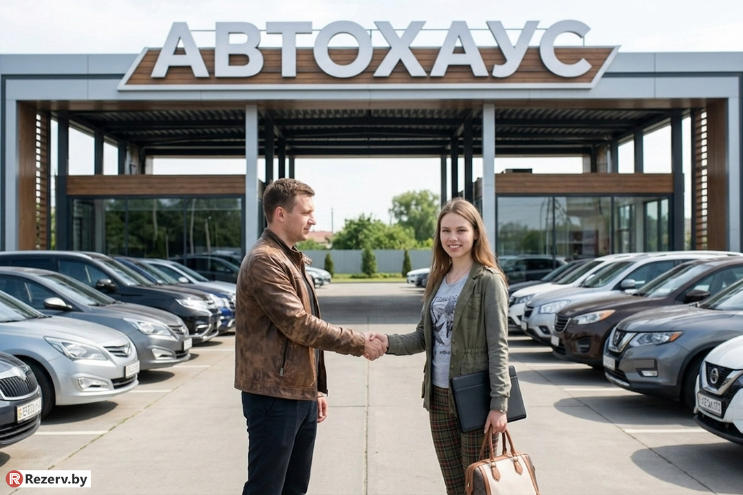 девушка стоит возле автохауса с менеджером