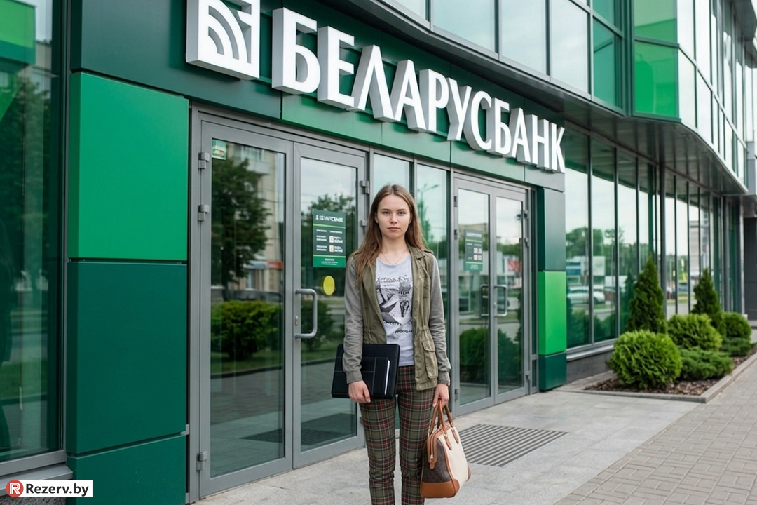 девушка стоит возле входа в банк